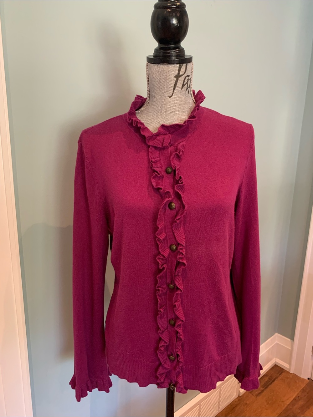 Ruffle-Trim Cardigan Sweater in Fuchsia